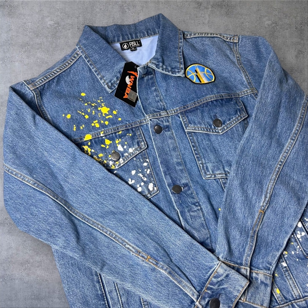 NEW FISLL Angel Reese 5 Chicago Sky Denim Jacket Medium Blue‎ Womens Basketball
